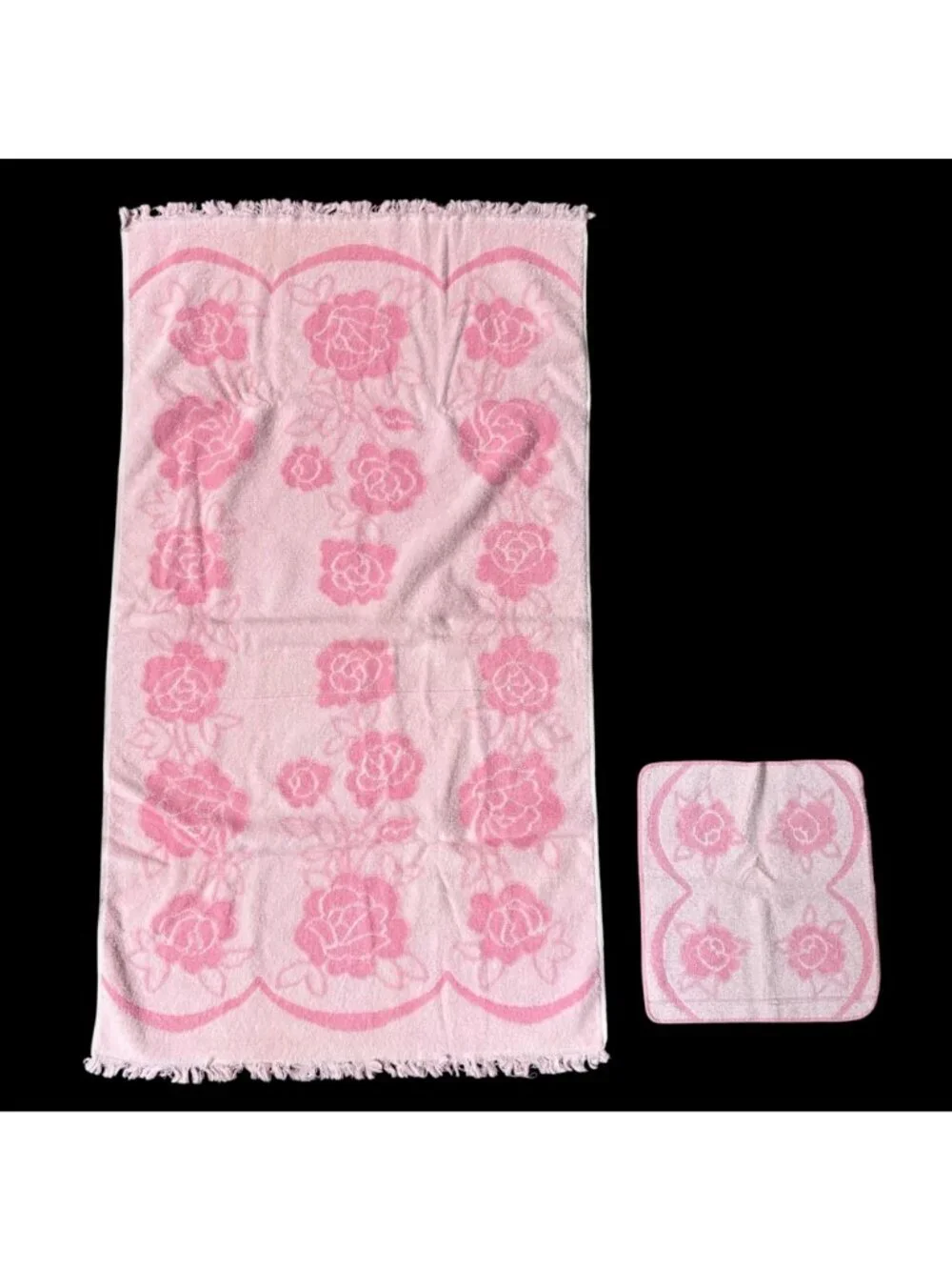 Vintage Bath Towel Washcloth Set Floral Pink Rose Flowers Cottage Romantic Retro